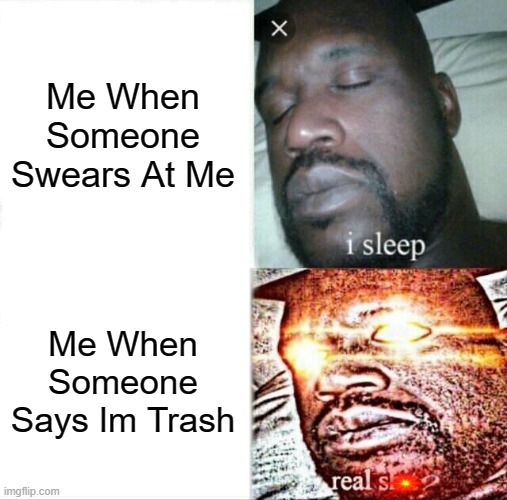 no u | Me When Someone Swears At Me; Me When Someone Says Im Trash | image tagged in memes,sleeping shaq | made w/ Imgflip meme maker