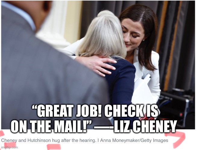 “GREAT JOB! CHECK IS ON THE MAIL!” —-LIZ CHENEY | made w/ Imgflip meme maker