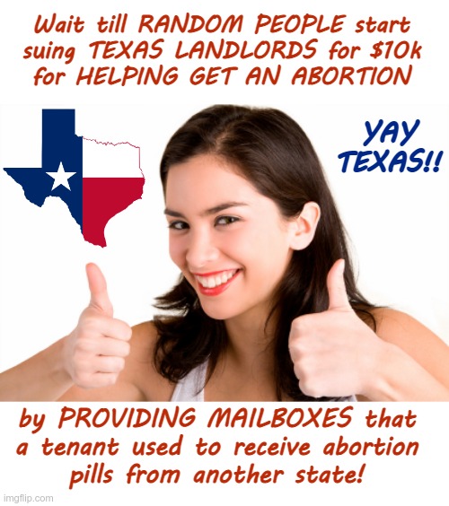 Why the Republic of Texas didn't even last 10 years ... | Wait till RANDOM PEOPLE start
suing TEXAS LANDLORDS for $10k
for HELPING GET AN ABORTION; YAY
TEXAS!! by PROVIDING MAILBOXES that
a tenant used to receive abortion
pills from another state! | image tagged in abortion,texas,scotus,rick75230 | made w/ Imgflip meme maker