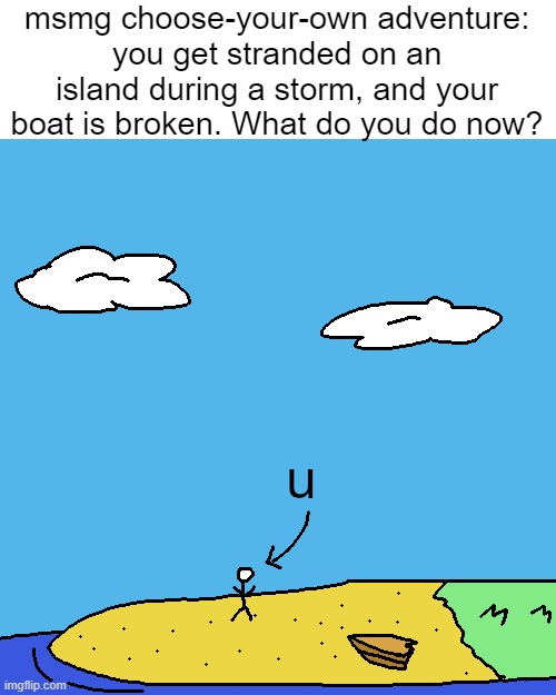 msmg choose-your-own adventure:
you get stranded on an island during a storm, and your boat is broken. What do you do now? | made w/ Imgflip meme maker