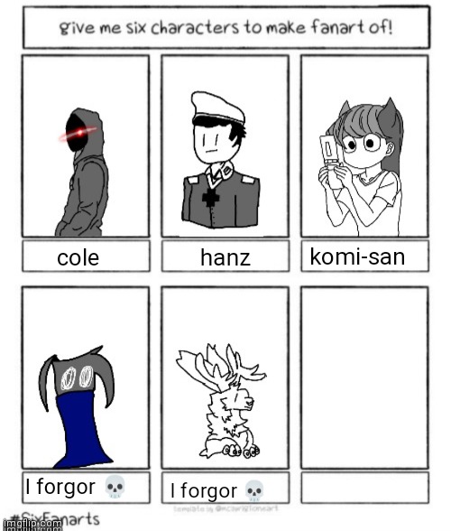 results | komi-san; hanz; cole; I forgor 💀; I forgor 💀 | image tagged in s h u t | made w/ Imgflip meme maker