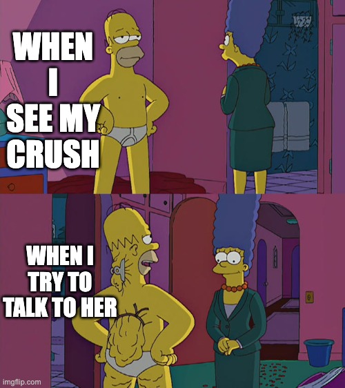 my life | WHEN I SEE MY CRUSH; WHEN I TRY TO TALK TO HER | image tagged in homer simpson's back fat | made w/ Imgflip meme maker