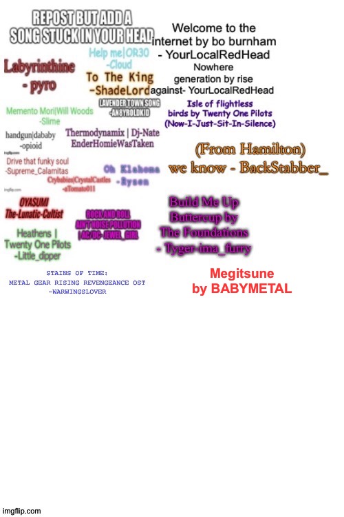 Stuck Songs | Megitsune
by BABYMETAL | image tagged in repost stuck song | made w/ Imgflip meme maker