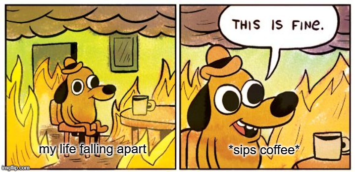 Peaceful Chaos | my life falling apart; *sips coffee* | image tagged in memes,this is fine,chaos | made w/ Imgflip meme maker