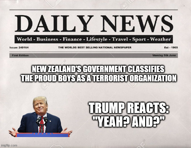 "Why do you think I use them?" | NEW ZEALAND'S GOVERNMENT CLASSIFIES 
THE PROUD BOYS AS A TERRORIST ORGANIZATION; TRUMP REACTS:
"YEAH? AND?" | image tagged in fascist trump and his not so secret police | made w/ Imgflip meme maker