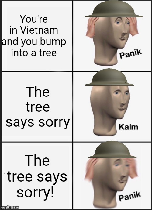 Sry I used a brodie mk1 helmet even though this is set in Vietnam, there was no other US helmets in the png options | You're in Vietnam and you bump into a tree; The tree says sorry; The tree says sorry! | image tagged in memes,panik kalm panik | made w/ Imgflip meme maker