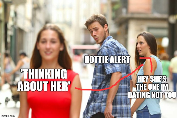 Distracted Boyfriend Meme |  HOTTIE ALERT; HEY SHE'S THE ONE IM DATING NOT YOU; 'THINKING ABOUT HER' | image tagged in memes,distracted boyfriend | made w/ Imgflip meme maker