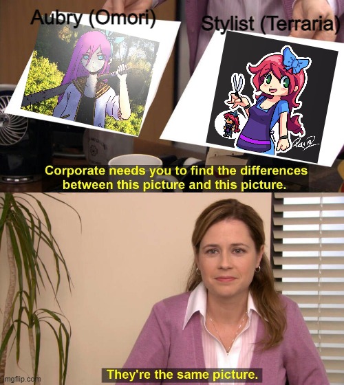 A more shocking theory than Sans is Ness | Stylist (Terraria); Aubry (Omori) | image tagged in they are the same picture,omori,terraria,gaming,memes,coincidence i think not | made w/ Imgflip meme maker
