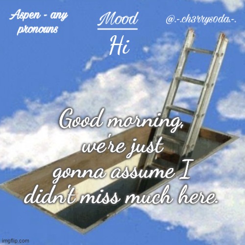 If I did, let me know in the comments. | Hi; Good morning, we're just gonna assume I didn't miss much here. | image tagged in aspen's temp | made w/ Imgflip meme maker