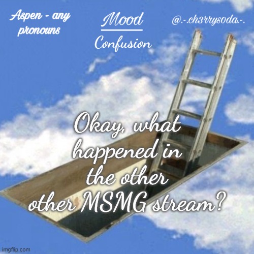 I'm genuinely confused. | Confusion; Okay, what happened in the other other MSMG stream? | image tagged in aspen's temp | made w/ Imgflip meme maker