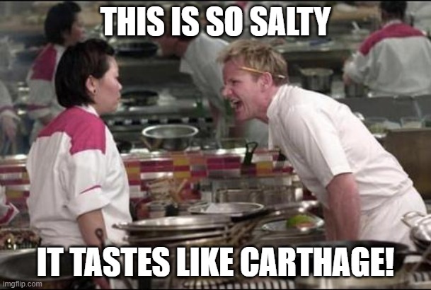 Tastes like carthage |  THIS IS SO SALTY; IT TASTES LIKE CARTHAGE! | image tagged in memes,angry chef gordon ramsay,rome | made w/ Imgflip meme maker