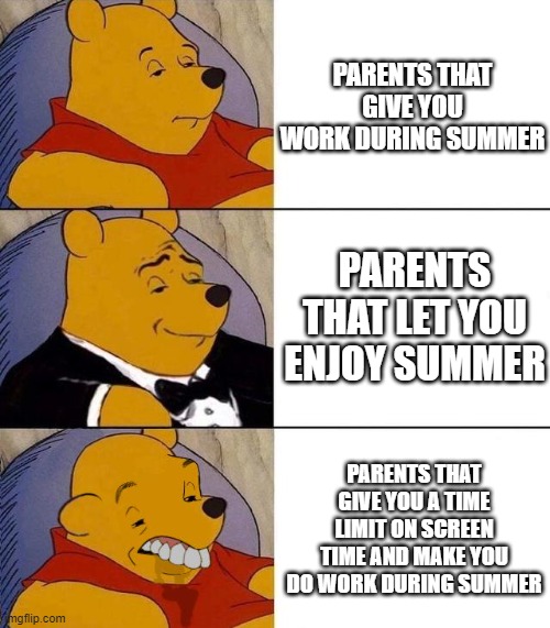 true story |  PARENTS THAT GIVE YOU WORK DURING SUMMER; PARENTS THAT LET YOU ENJOY SUMMER; PARENTS THAT GIVE YOU A TIME LIMIT ON SCREEN TIME AND MAKE YOU DO WORK DURING SUMMER | image tagged in best better blurst,true story,when you think your parents are mean,summer,relatable | made w/ Imgflip meme maker