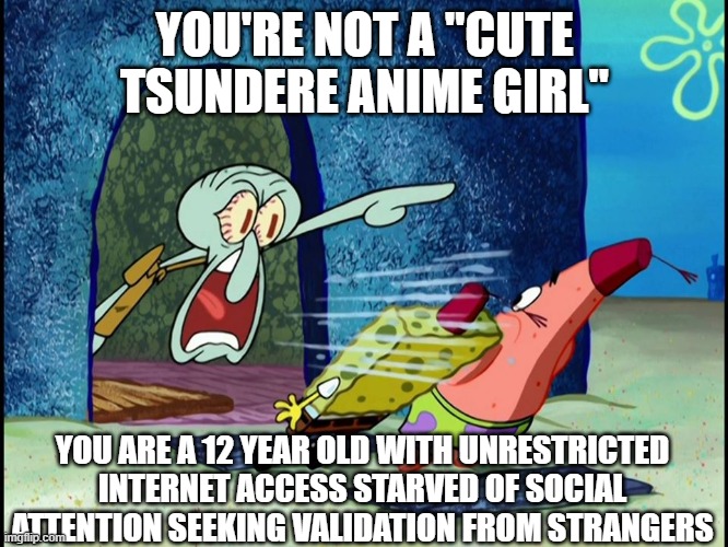 Squidward Screaming | YOU'RE NOT A "CUTE TSUNDERE ANIME GIRL"; YOU ARE A 12 YEAR OLD WITH UNRESTRICTED INTERNET ACCESS STARVED OF SOCIAL ATTENTION SEEKING VALIDATION FROM STRANGERS | image tagged in squidward screaming | made w/ Imgflip meme maker