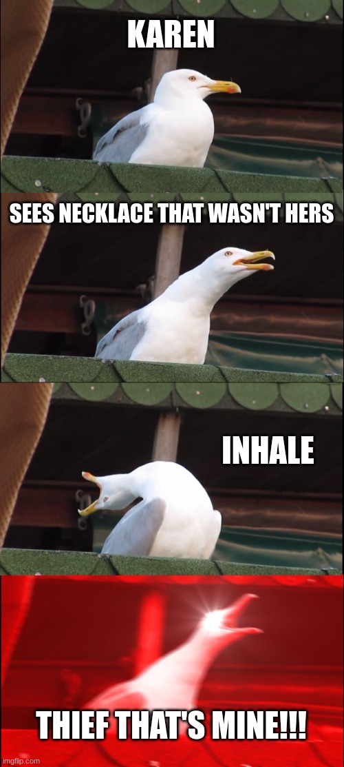 ALL KAREN'S NO CAP | KAREN; SEES NECKLACE THAT WASN'T HERS; INHALE; THIEF THAT'S MINE!!! | image tagged in memes,inhaling seagull | made w/ Imgflip meme maker