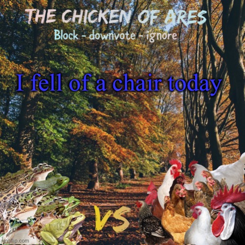 Chicken of Ares announces crap for everyone | I fell of a chair today | image tagged in chicken of ares announces crap for everyone | made w/ Imgflip meme maker