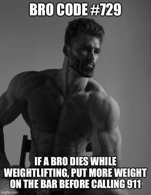 Giga Chad | BRO CODE #729; IF A BRO DIES WHILE WEIGHTLIFTING, PUT MORE WEIGHT ON THE BAR BEFORE CALLING 911 | image tagged in giga chad | made w/ Imgflip meme maker