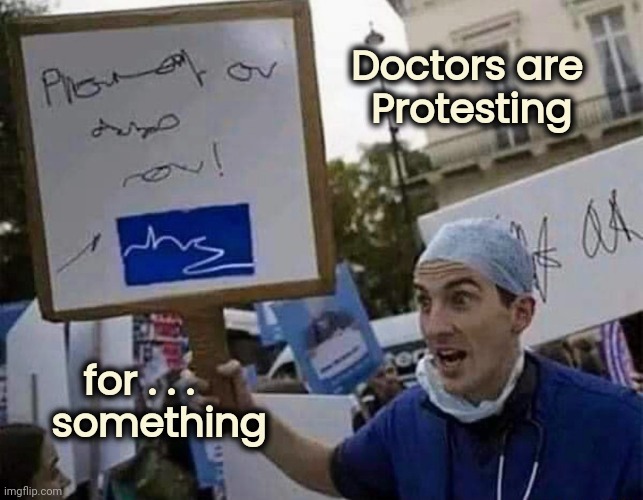 Should have got a Sign guy |  Doctors are    
Protesting; for . . .
   something | image tagged in dw sign won't stop me because i can't read,protesters,i have several questions | made w/ Imgflip meme maker