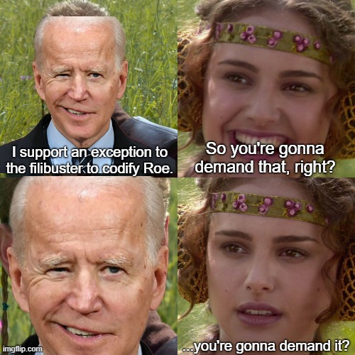 Stop the inaction, Democrats. | I support an exception to the filibuster to codify Roe. So you're gonna demand that, right? ...you're gonna demand it? | image tagged in joe biden,biden,roe v wade,abortion,liberal logic,congress | made w/ Imgflip meme maker