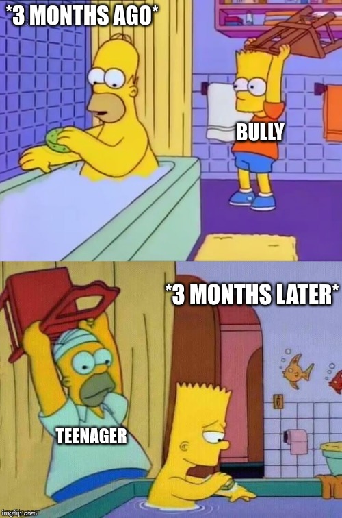 Homer revenge | *3 MONTHS AGO* *3 MONTHS LATER* BULLY TEENAGER | image tagged in homer revenge | made w/ Imgflip meme maker