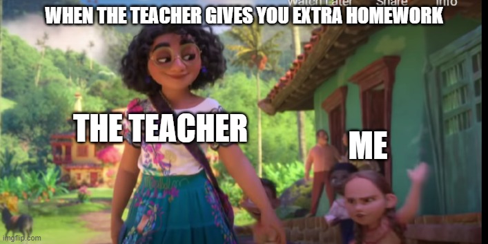 Encanto Meme | WHEN THE TEACHER GIVES YOU EXTRA HOMEWORK; THE TEACHER; ME | image tagged in encanto meme | made w/ Imgflip meme maker
