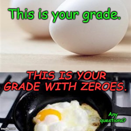 Brain, Brain on Drugs (egg) | This is your grade. THIS IS YOUR GRADE WITH ZEROES. Any questions? | image tagged in brain brain on drugs egg | made w/ Imgflip meme maker