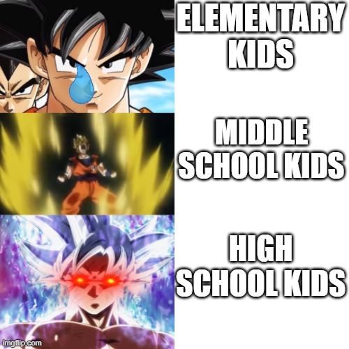 Goku 3 Panel Level Up | ELEMENTARY KIDS MIDDLE SCHOOL KIDS HIGH SCHOOL KIDS | image tagged in goku 3 panel level up | made w/ Imgflip meme maker
