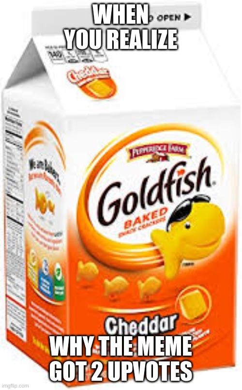 goldfish crackers | WHEN YOU REALIZE WHY THE MEME GOT 2 UPVOTES | image tagged in goldfish crackers | made w/ Imgflip meme maker