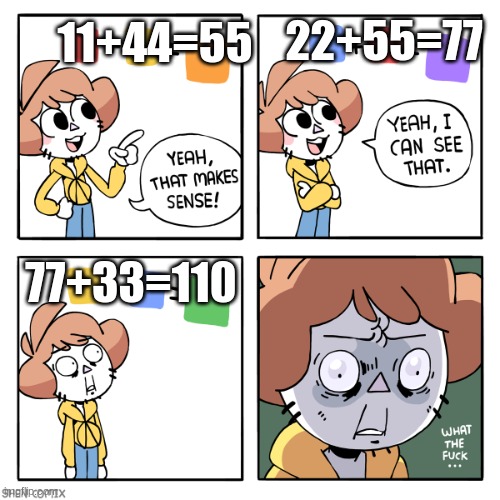 for real | 22+55=77; 11+44=55; 77+33=110 | image tagged in yeah that makes sense | made w/ Imgflip meme maker