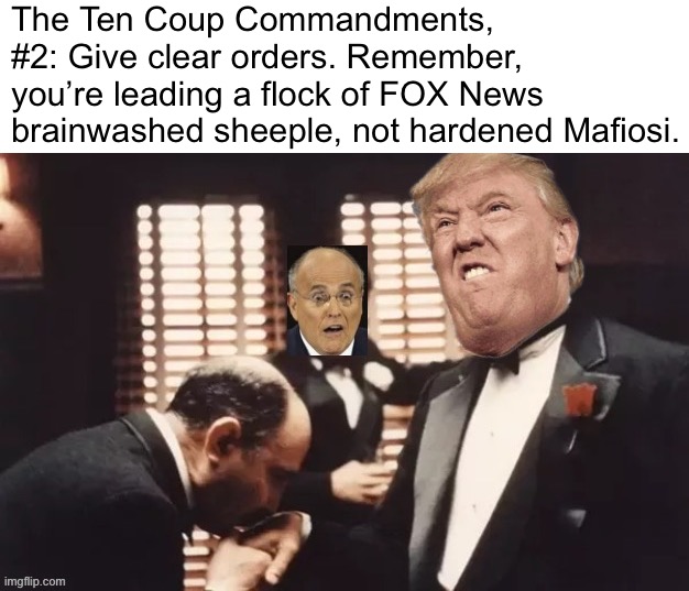 Godfather-style misdirections and menacing suggestions will only get you so far. They’re not all as astute as Rudy. | The Ten Coup Commandments, #2: Give clear orders. Remember, you’re leading a flock of FOX News brainwashed sheeple, not hardened Mafiosi. | image tagged in mafia don,ten coup commandments,donald trump,jan 6,mafia,the ten coup commandments | made w/ Imgflip meme maker