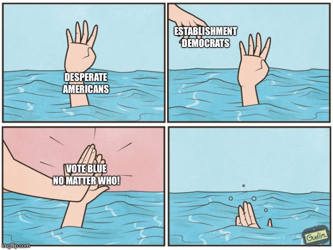 High five drown | ESTABLISHMENT DEMOCRATS; DESPERATE AMERICANS; VOTE BLUE NO MATTER WHO! | image tagged in high five drown | made w/ Imgflip meme maker