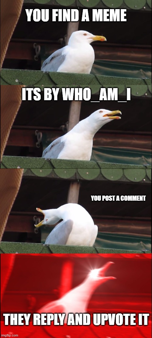 Inhaling Seagull Meme | YOU FIND A MEME ITS BY WHO_AM_I YOU POST A COMMENT THEY REPLY AND UPVOTE IT | image tagged in memes,inhaling seagull | made w/ Imgflip meme maker