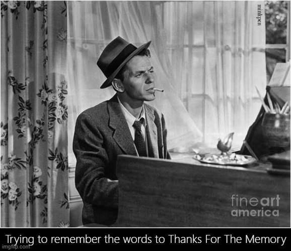 Thanks For The Memory | minkpen; Trying to remember the words to Thanks For The Memory | image tagged in original meme,frank sinatra,thanks for the memory,memories,forgetful,remember | made w/ Imgflip meme maker