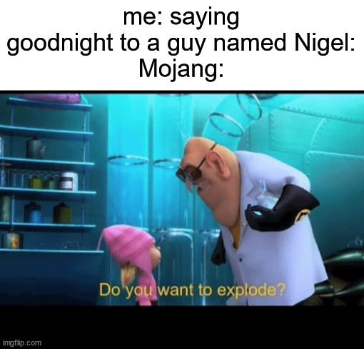 Do you want to explode | me: saying goodnight to a guy named Nigel:
Mojang: | image tagged in do you want to explode | made w/ Imgflip meme maker