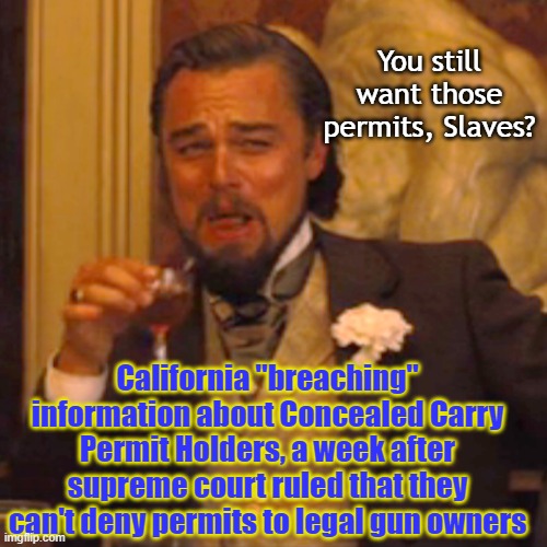 Oopsie, we had a data breach, it'd be a shame if everyone knew who has a CCW permit | You still want those permits, Slaves? California "breaching" information about Concealed Carry Permit Holders, a week after supreme court ruled that they can't deny permits to legal gun owners | image tagged in 2a,rkba,california | made w/ Imgflip meme maker