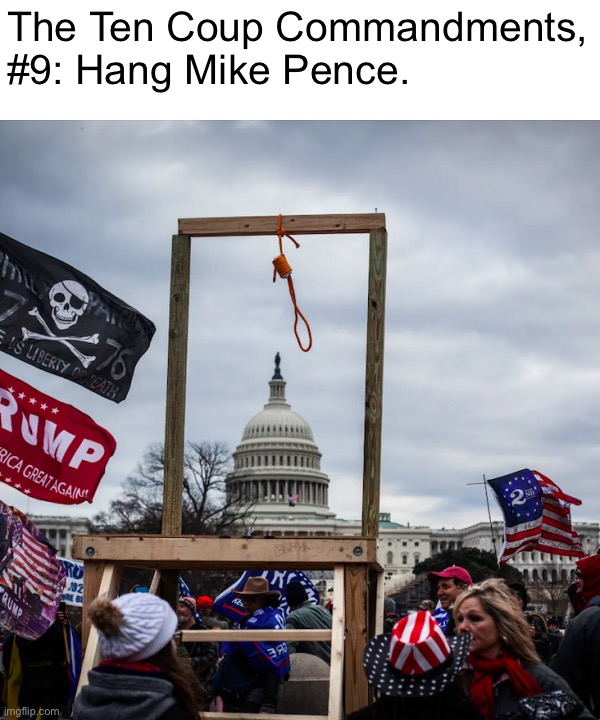 Mike Pence may or may not have anything to do with your specific coup. Point being, your bloodthirsty crowd needs an enemy. | The Ten Coup Commandments, #9: Hang Mike Pence. | image tagged in ten coup commandments,the ten coup commandments,jan 6,coup,traitors,trump is an asshole | made w/ Imgflip meme maker