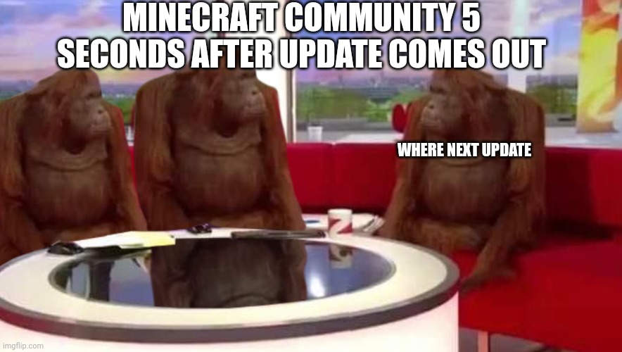 Minecraft monke | MINECRAFT COMMUNITY 5 SECONDS AFTER UPDATE COMES OUT; WHERE NEXT UPDATE | image tagged in where monkey | made w/ Imgflip meme maker