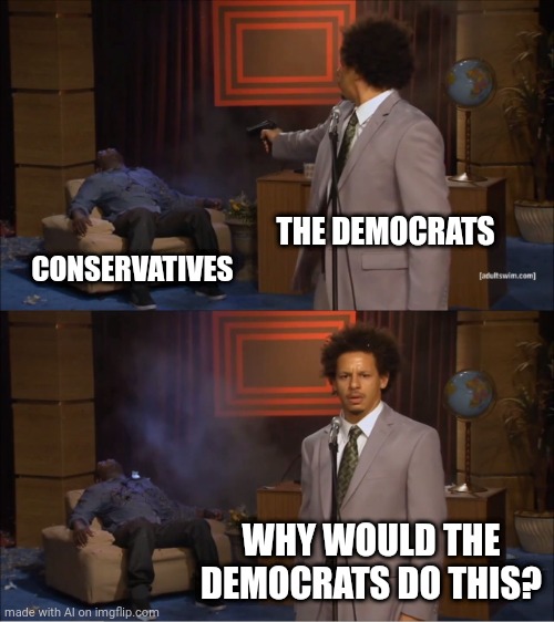 The Democrats are self-aware | THE DEMOCRATS; CONSERVATIVES; WHY WOULD THE DEMOCRATS DO THIS? | image tagged in memes,who killed hannibal | made w/ Imgflip meme maker