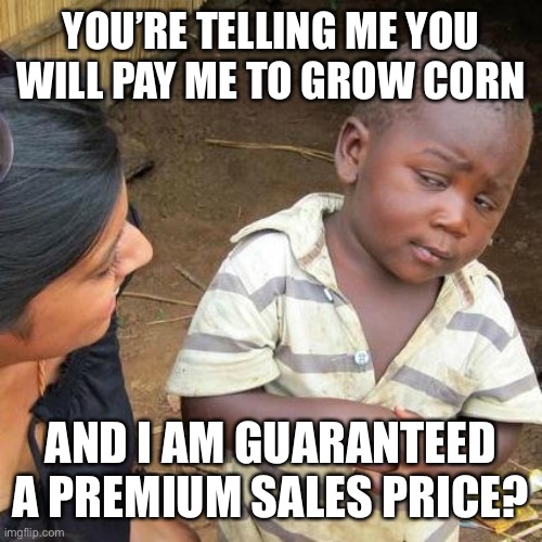 Third World Skeptical Kid Meme | YOU’RE TELLING ME YOU WILL PAY ME TO GROW CORN AND I AM GUARANTEED A PREMIUM SALES PRICE? | image tagged in memes,third world skeptical kid | made w/ Imgflip meme maker