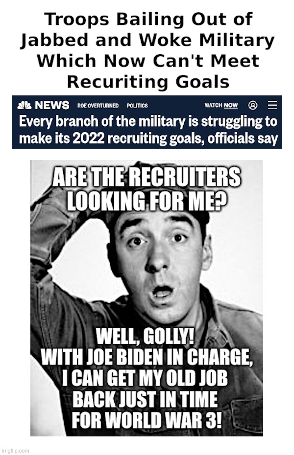 Troops Bailing Out of Jabbed and Woke Military | image tagged in jab,woke,military,recruiting,gomer pyle,world war 3 | made w/ Imgflip meme maker