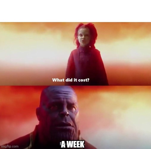 Thanos what did it cost | A WEEK | image tagged in thanos what did it cost | made w/ Imgflip meme maker