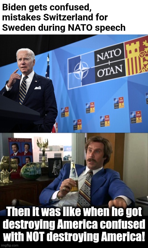 President Potato Head | Biden gets confused, mistakes Switzerland for
Sweden during NATO speech; Then it was like when he got
destroying America confused with NOT destroying America! | image tagged in ron burgundy,memes,joe biden,switzerland,sweden,senile | made w/ Imgflip meme maker