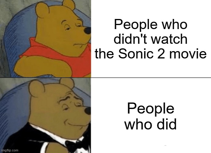Tuxedo Winnie The Pooh Meme | People who didn't watch the Sonic 2 movie; People who did | image tagged in memes,tuxedo winnie the pooh,sonic movie | made w/ Imgflip meme maker