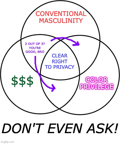 Venn diagram | CONVENTIONAL
MASCULINITY $$$ COLOR
PRIVILEGE CLEAR RIGHT
TO PRIVACY 2 OUT OF 3?
YOU'RE GOOD, BRO DON'T EVEN ASK! | image tagged in venn diagram | made w/ Imgflip meme maker