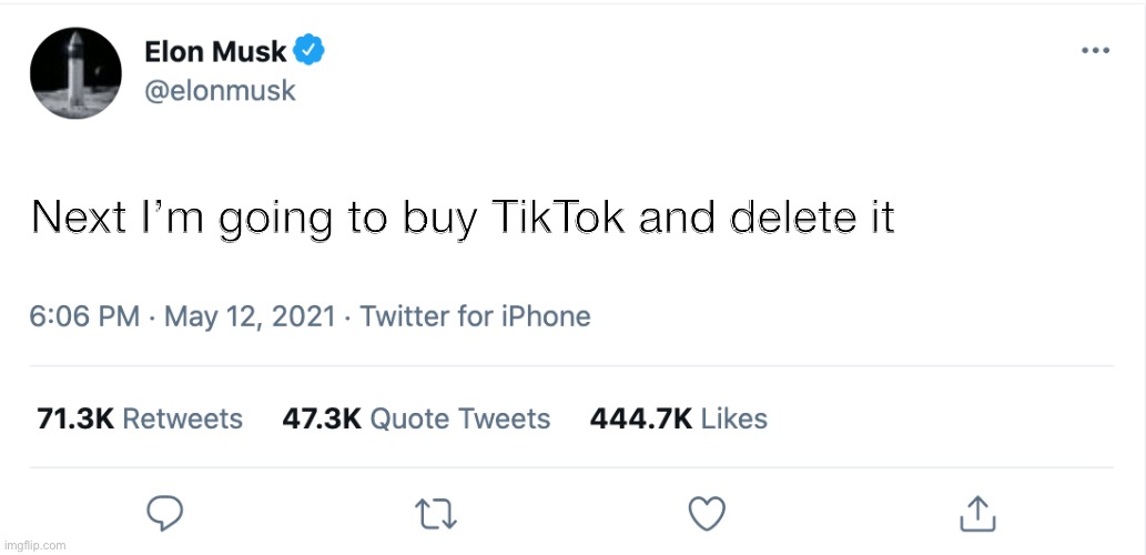 Elon Musk Blank Tweet | Next I’m going to buy TikTok and delete it | image tagged in elon musk blank tweet | made w/ Imgflip meme maker