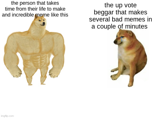 the person that takes time from their life to make and incredible meme like this the up vote beggar that makes several bad memes in a couple | image tagged in memes,buff doge vs cheems | made w/ Imgflip meme maker