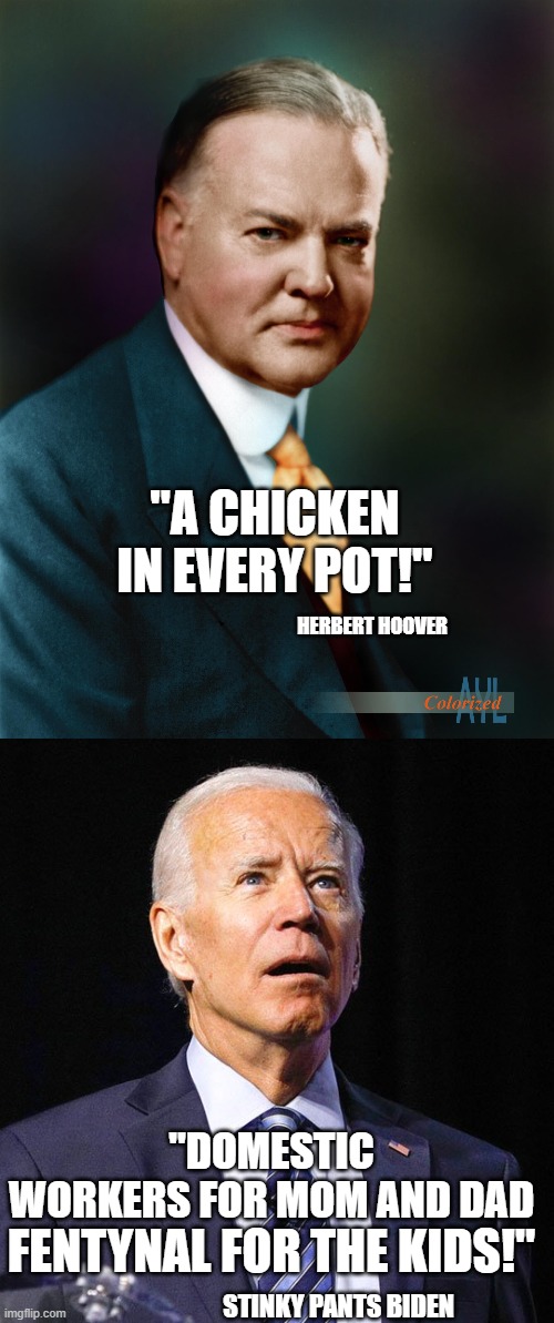 yep | "A CHICKEN IN EVERY POT!"; HERBERT HOOVER; "DOMESTIC WORKERS FOR MOM AND DAD; FENTYNAL FOR THE KIDS!"; STINKY PANTS BIDEN | image tagged in joe biden | made w/ Imgflip meme maker