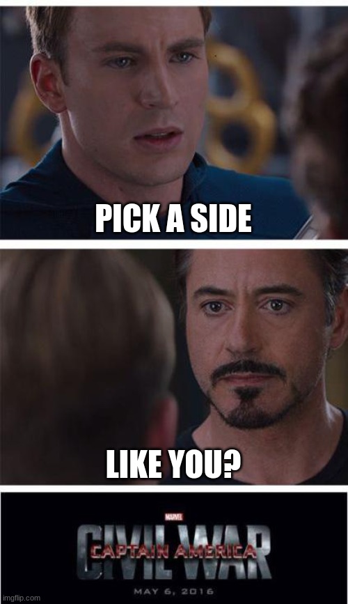 Lol. | PICK A SIDE; LIKE YOU? | image tagged in memes,marvel civil war 1 | made w/ Imgflip meme maker