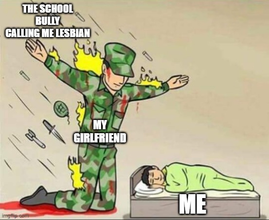 my gf | THE SCHOOL BULLY CALLING ME LESBIAN; MY GIRLFRIEND; ME | image tagged in soldier protecting sleeping child | made w/ Imgflip meme maker