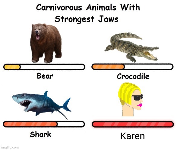 No one wants to hear it. | Karen | image tagged in carnivorus animals with strongest jaws,talking to wall,shut up,not listening,endless | made w/ Imgflip meme maker