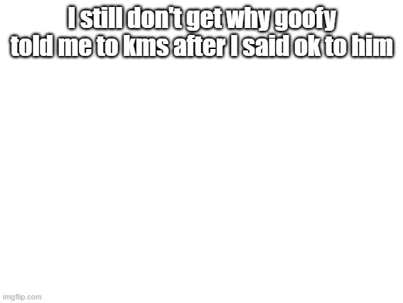 Blank White Template | I still don't get why goofy told me to kms after I said ok to him | image tagged in blank white template | made w/ Imgflip meme maker